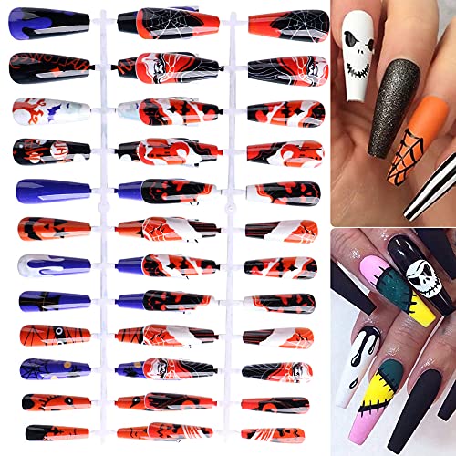 WRBJAIS Halloween False Nails Artificial Fake Short Fingernails Nail Tips Kit Halloween Gothic Fake Nails with 6 Jelly Glue for Nail Art Salon DIY Decoration,24 Count (Pack of 2)