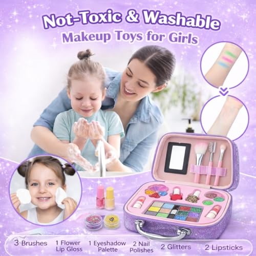 Image of PLUSPOINT Kids Makeup Kit Bag for Girl, Washable Makeup Set for Girls, Real Makeup for Kids, Girl Toys Princess Children Play Makeup Kit with Cosmetic Case Birthday Gifts for Girls Age 4 Year+