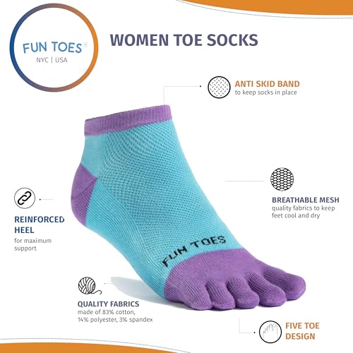 Image of FUN TOES Women's Cotton Toe Socks-Barefoot Running- Breathable- 6 Pairs Pack-Size 9-11 Lightweight