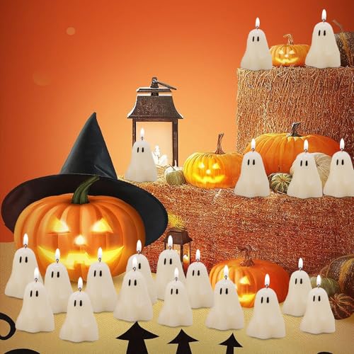 20 Pieces Ghost Candles, Halloween Decoration Candles, White Soy Wax Horror Spooky Tea Lights Candles Set Goth Gifts for Ghost Decor Fall Decor Halloween Party Home Bedroom Room Table Decorations