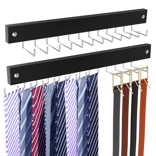 2 Pack Belt Hanger Wall Mount, Large Capacity Tie and Belt Organizer for Wall with 24 180°Rotating Non Slip Hooks, Heavy-Duty Wooden Tie Rack Space Saving Closet Organizers and Storage, Black by OTECKK - Used condition - US$13.94