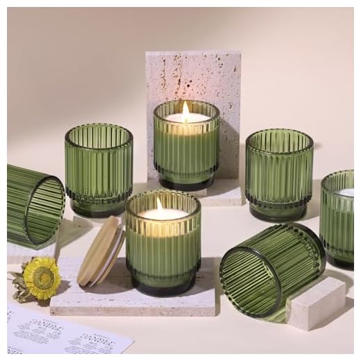 DEVI 7oz Empty Green Ribbed Glass Candle Jars - Set of 8, Glass Candle Containers with Bamboo Lids, Bulk Supplies for Gifts & Wedding Decorations