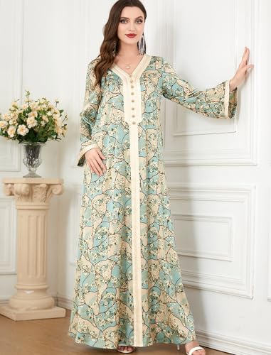 Image of FYMNSI Abaya Dress for Women Muslim Modest Maxi Robe Floral V Neck Eid Prayer Dresses Dubai Clothing Arabian Islamic Kaftan