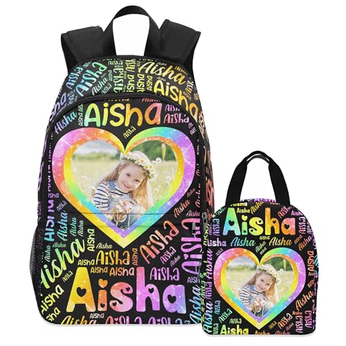 Artsadd Personalized Kid's Backpack with Lunch Bag for Girls Boys Custom Name Photo School Bag Cute Bookbags Lunch Box Set (Girl Design 04)