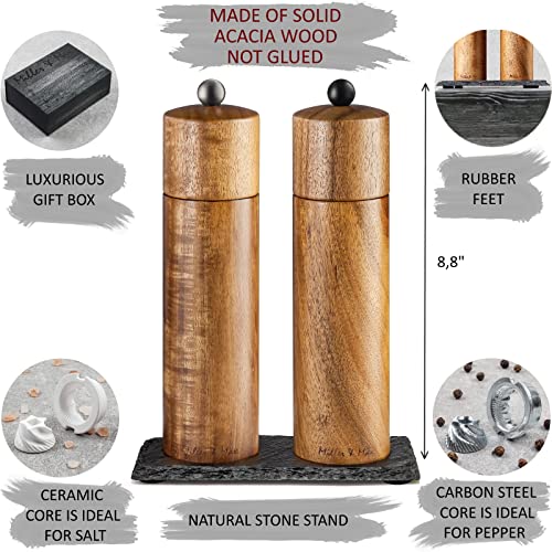 Miller & Max Wooden Salt And Pepper Grinder Set Whole Piece Acacia Wood Mills, 8 Inches Adjustable #TOP2