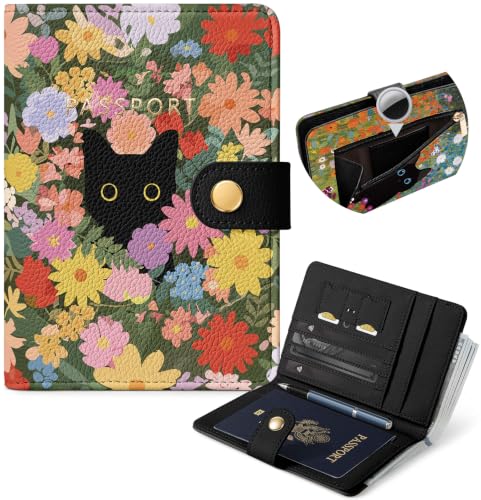 Slohif RFID Blocking Passport Holder with Hidden Tracker Slot Playful Cat