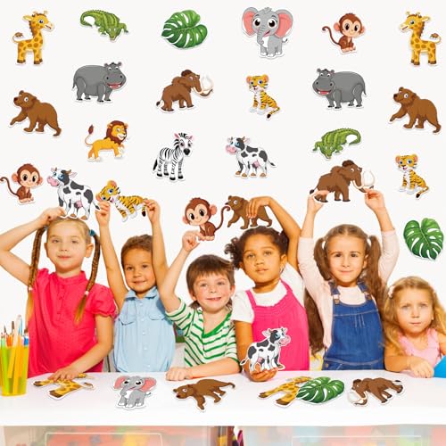 Image of 48Pcs Jungle Animal Cutouts Classroom Decor, Cute Safari Animals Cutouts Safari Party Decorations Animals Cardboard Paper Cutout for Theme Baby Shower Birthday Party Decor