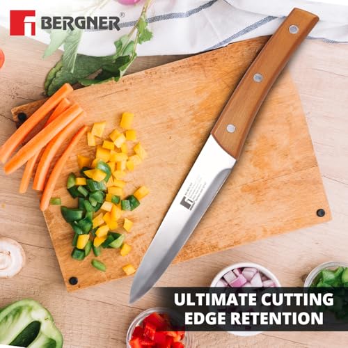 Image of BERGNER Natural Stainless Steel 20cm Slicer Kitchen Knife, for Cutting, Chopping, Slicing etc, Sharp Blade, Food Grade, Non-Toxic Stainless Steel Material, Mirror Finish, Wooden Handle, Non-Slip Grip