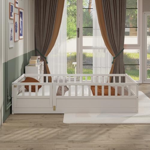 Twin Size Floor Bed, Integral Construction with Super High Security Barrier, Door, Children's Floor Bed Frame, Montessori Wooden Children's Floor Bed, White