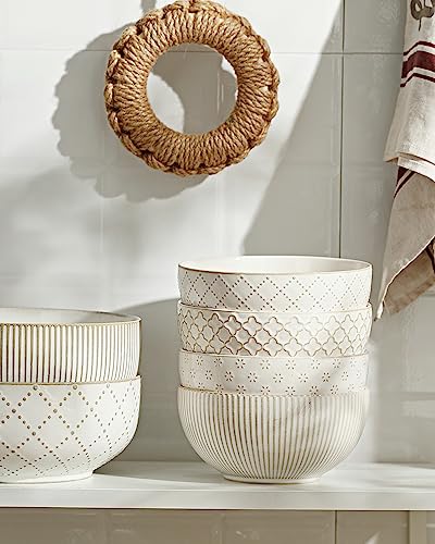 getstar Ceramic Soup Bowls, Cereal Bowl Set of 4 with Assorted Embossment (6.1 inch & 30 oz), Farmhouse Vintage Color Bowls for Kitchen