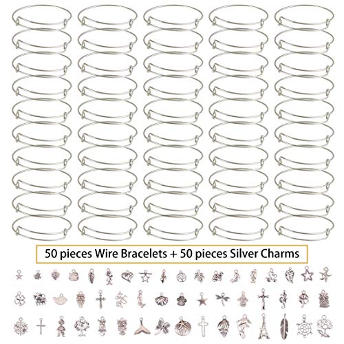 100 Pcs Women Jewelry Making, 50 PCS Expandable Bangle Adjustable Silver Wire Bracelets, 50 PCS Silver Jewelry Charms DIY Jewelry Lots Bracelet for Charms
