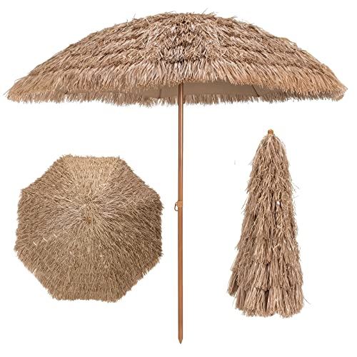 GYMAX Ombrellone Paglia PP 2x2 M, 7 Strati, 8 Stecche e Frange, Struttura Stabile in Metallo e Antivento, Adatto Spiaggia, Giardino, Terrazza, Hawaiano