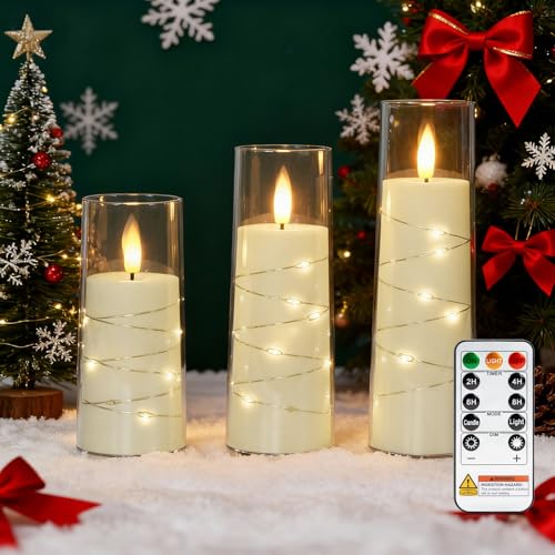 Image of Raycare Flameless Candle with Remote Timer, 3 Flickering Acrylic Battery Operated LED Pillar Candles with Embedded Star String for Christmas, Wedding, Home Table Decor, and as a Gift (Ivory White)