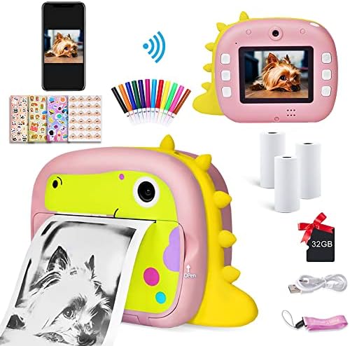 Instant Print Camera for Kids Digital Camera, Connect App via WiFi 1080P Rechargeable Dual Lens 2.4" Screen 4 Photo Stickers + 32G TF Card + Color Pencils + 3 Rolls Print Papers for Boys Girls (Pink)