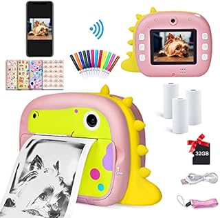 Instant Print Camera for Kids Digital Camera, Connect App via WiFi 1080P Rechargeable Dual Lens 2.4" Screen 4 Photo Stickers + 32G TF Card + Color Pencils + 3 Rolls Print Papers for Boys Girls (Pink)