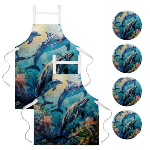 Tablier de cuisine pour pâtisserie et nettoyage, lot de 2 avec broches style dauphin et méduse