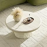 JURMALYN Round Coffee Table, 35.04" Fiberglass Imitation Stone Table Cement Rock Center Table for Living Room Apartment Office, No Need Assembly