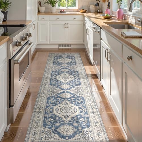 Lahome Oriental Hallway Runner Rug Non Slip, 2.5x8 Kitchen Washable Runner Soft Hallway Rug, Traditional Ultra-Thin Carpet for Bathroom Entryway ‎Laundry Room, Blue