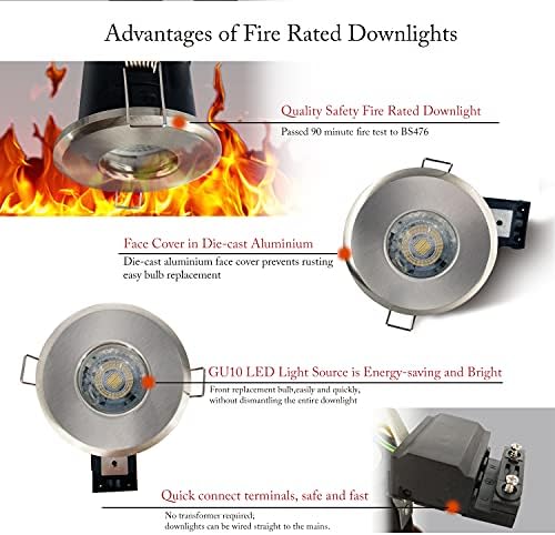 4XSweier LED Recessed Ceiling Lights 90 min Fire Rated, Waterproof IP65 Spotlight, Satin Nickel die-cast Aluminium Bulb not IncludedRecessed Spotlights,230V GU10 Downlight