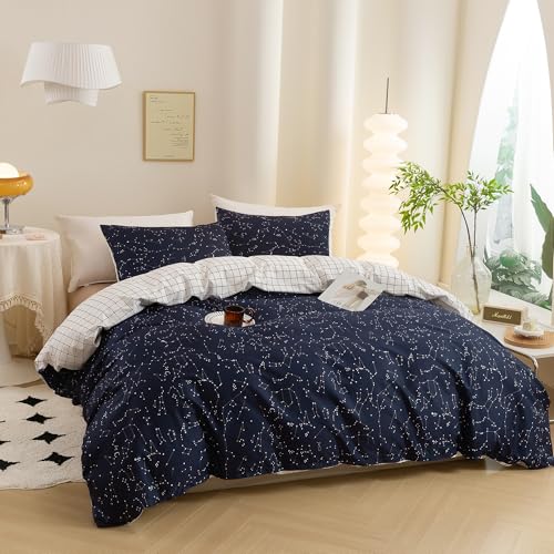 ECOCOTT Duvet Cover King, 3 Pieces 100% Natural Cotton 1 Duvet Cover +2 Pillowcases Bedding Set,Navy and Cosmic Constellation Reversible Printed Pattern Breathable and Durable Duvet Cover King Size