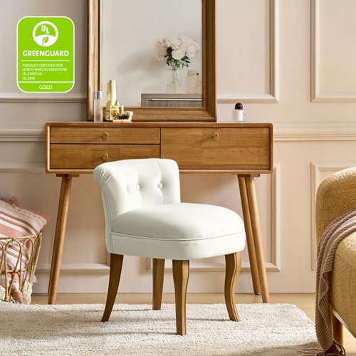 HULALA HOME Velvet Vanity Stool with Low Back, Modern Vanity Chair with Solid Wood Legs, Small Upholstered Makeup Chair Home Decor for Bedroom Living Room Dressing Table, Women Girls, Ivory