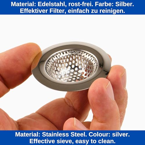 Abflusssieb aus Edelstahl, 3 Stück, Ø 55 mm außen, 37 mm innen, ragt 15 mm in Ausguss, Ablaufsieb für Küchenspüle, Waschbecken, Duschwanne, Badewanne, Haarsieb und Essensreste Sieb, Haarfilter Korb