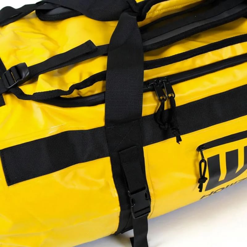 Howzit Sac de Voyage Étanche 60L – Grand Duffel Bag Imperméable en Polyester 500D – Convertible Sac à Dos ou Main – Coutures Soudées & Zip Étanche – Idéal Camping, Kayak et Nautisme (Jaune)
