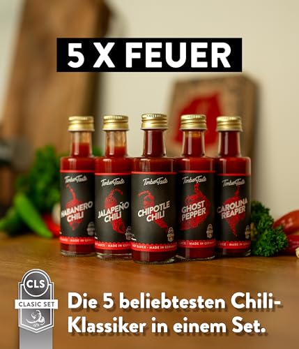 TIMBER TASTE® Chili Geschenkset scharfe Soßen Set - 5 Hot Sauce Set je 40ml in Geschenkverpackung für Liebhaber & Genießer scharfer Saucen | Ostergeschenk Mann | kleine Ostergeschenke Männer