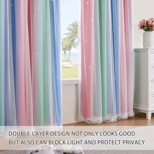 Image of XiDi Pink Green Blue Curtains 84 Inches Long for Girls Bedroom 2 Panels Set, Blackout Rainbow Curtains for Kids Room Decor, Unicorn Wall Decals Drapes for Little Girl Nursery Room 34 Inches Wide