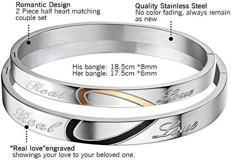 Cupimatch Valentijnscadeau voor koppels, roestvrij staal, 2-delig, liefde, hart, armband met gravure, Real Love voor verliefde dames, heren, roségoud, zilver, zwart