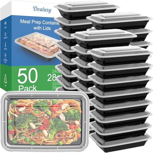 Dealusy 50 Pack (100-Piece) 28 oz Meal Prep Containers Reusable with Lids, Sturdy Leakproof & Food Safe, Microwave, Freezer, Dishwasher Safe Prep Containers, To Go Take Out Plastic Food Storage by Dealusy - Used condition - US$30.70
