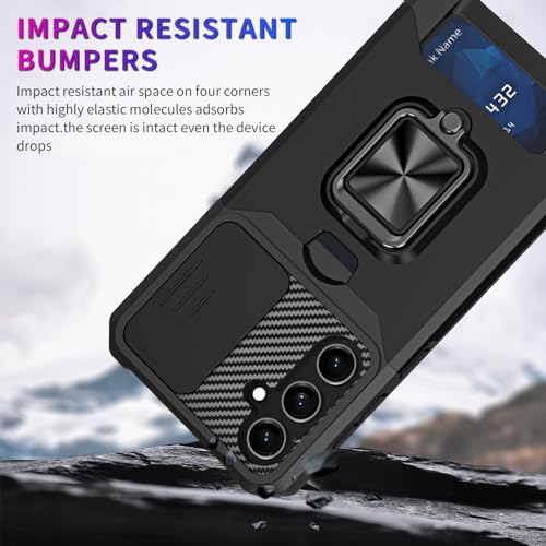 Image of LuxuryKase Shockproof Armor Case for Samsung Galaxy S26 Plus | Slide Camera Cover | Hidden Card Slot | Rotating Ring Kickstand | Magnetic Car Mount Support | Military Grade Protection - Black