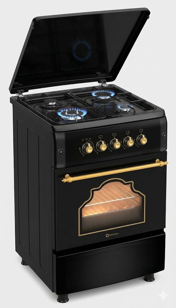 SOLTHERMIC PACK NEGRO RUSTICO ACABADOS DORADOS COCINA F6S40G2 GAS CON HORNO 4 FUEGOS + CAMPANA DECORATIVA 60 CM H60PR + FRIGO 2P RETRO a F2PR147N DE 1,47 cm alto x 55 ancho y 220L