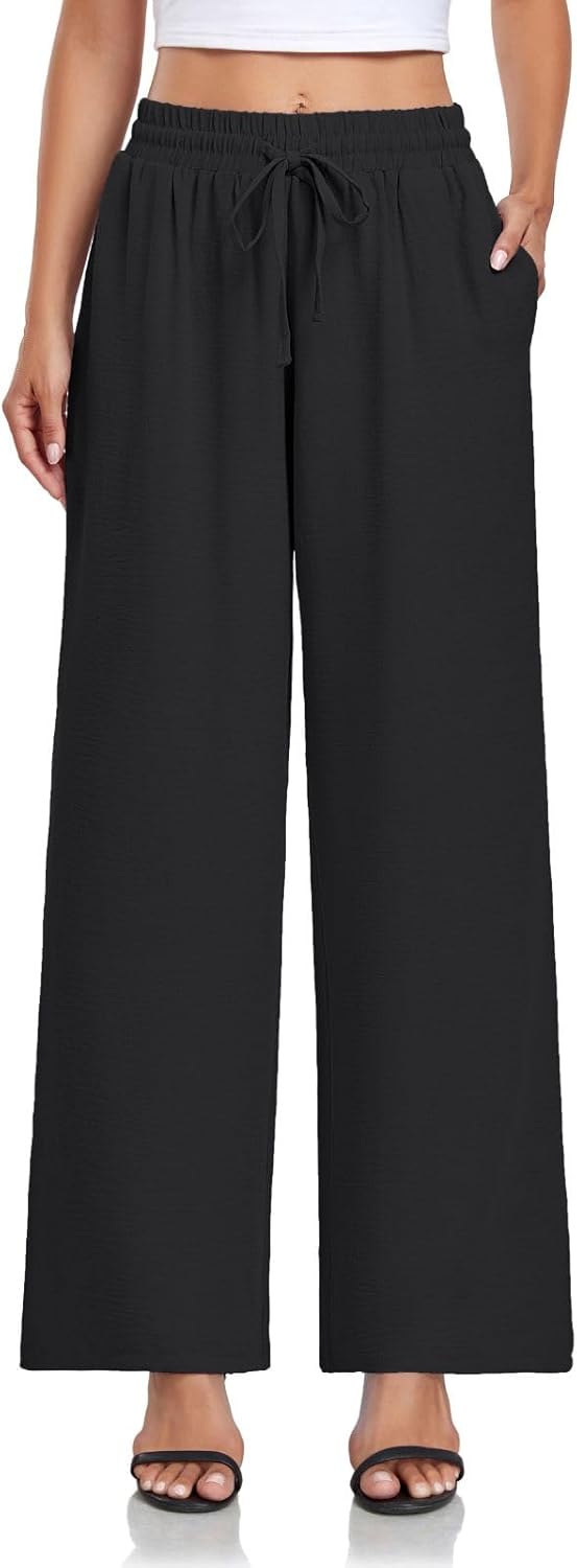 Women's Casual Pants Loose Fit Palazzo Pant Elastic Waist Drawstring Tie Knot Trousers with Pockets - Image 3