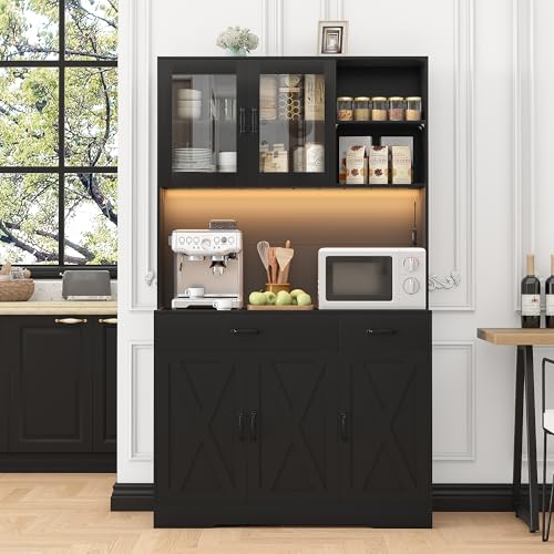 Image of Iavyga 71" Kitchen Pantry Cabinet: Hutch Cabinet with Glass Doors, Pantry Cabinets with Drawers, Adjustable Shelves, LED Light & Power Outlets for Kitchen, Living Room, Dining Room (Black)