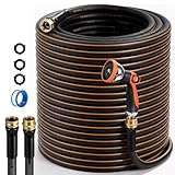Garden Hose, 100ft 5/8' Heavy Duty Rubber Water Hose w/ 10-Mode Spray Nozzle, 550 PSI Burst, 360° Anti-Kink Swivel Connectors, All-Weather Flexible, Leakproof 3/4' Brass Male to Female Fittings