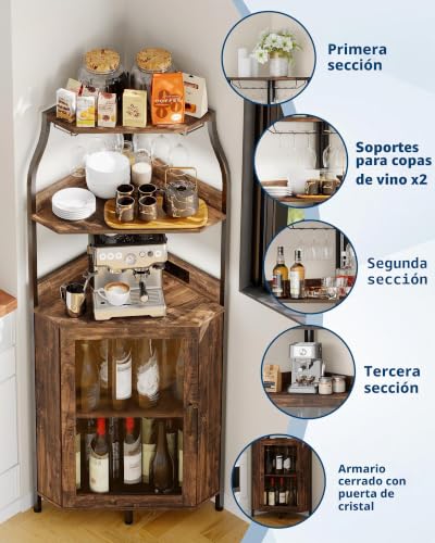 Miniatura 5 de Zstar Mueble Bar, Vitrina Para Vinos De Mdf Curvado Con Luces Led, Vitrina Independiente De 4 Niveles Con Puerta De Cristal Para Bar En Casa Marrón.