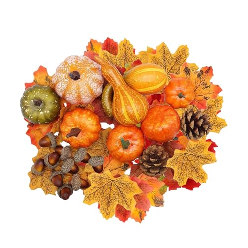 Cuicany 86 Piezas Calabazas Artificiales Decoracion Otoño, Mini decoración de Calabaza, Hojas de Arce, Conos de Pino, Bellotas, para Halloween, Acción de Gracias, Navidad