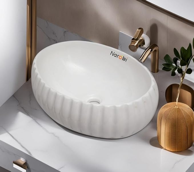 Designer Glossy Finish Table Top Ceramic Wash Basin Vessel Sink | Collapsible Wash Basin (Designer White Wash Basin, 20 x 14 x 5.5 Inch)