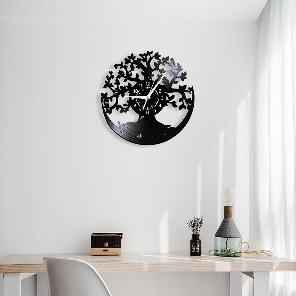 12'' Tree of Life Retro Vinyl Record Wall Clock, Family Tree Retro Wall Art Decor Clock Mid-Century Wall Watch Clock Silent Movement Battery Operated for Housewarming Gift Living Room Kitchen