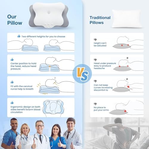 Cervical Pillow for Neck Pain Relief, Cooling Contour Memory Foam Pillows Support Odorless Ergonomic Neck Pillow Adjustable Orthopedic Bed Pillow for Side Back Stomach Sleeper with Pillowcase,Snow