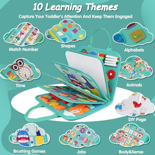 Image of Montessori Busy Board - Sensory Learning Toys for Toddlers 3-6 Years-10 Pages-32 Activities, Airplane Car Travel Educational Toys for Autism, 3 Years Boy Birthday Gift (Cyan)