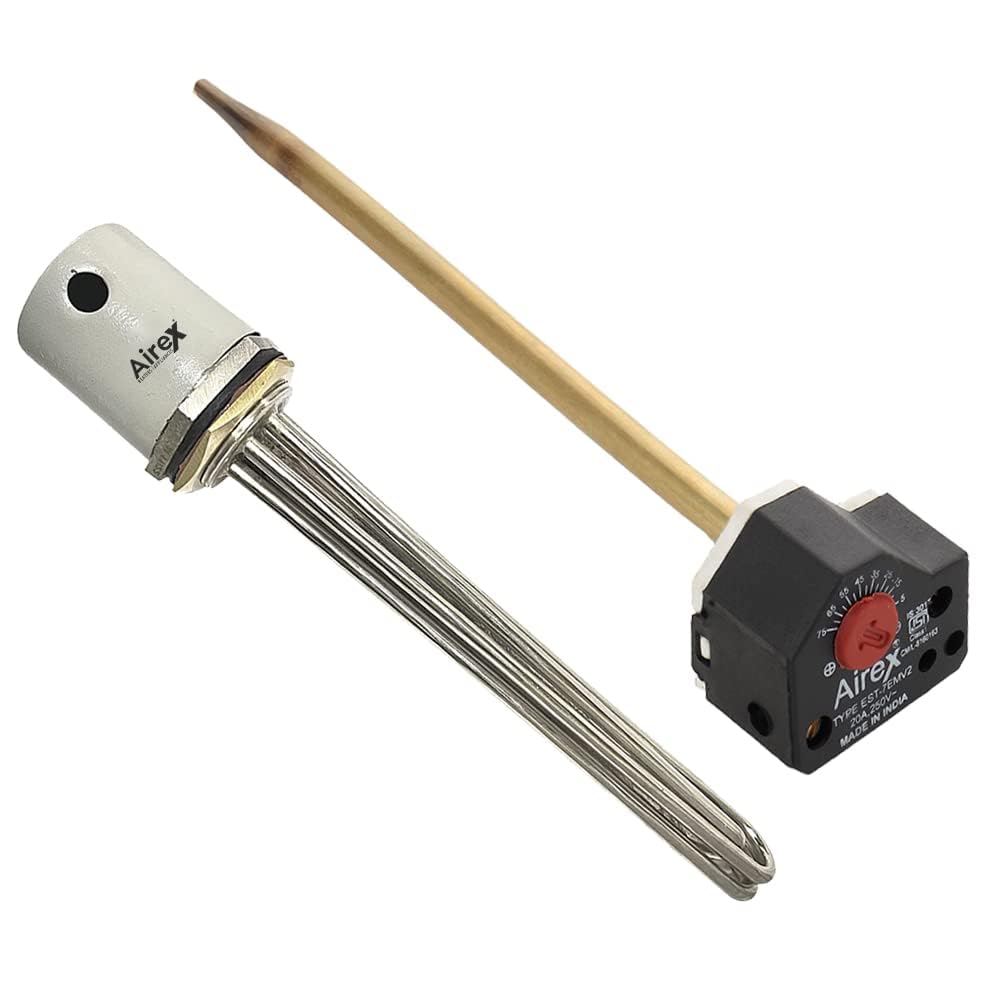 Water Immersion Heater | 3 kW Stainless Steel Triple Pipe Heating Element | 1.25-Inch B.S.P. Thread with 11-Inch Auto Cut-Off Thermostat (5–75°C)