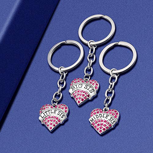 Iwensheng 3Pcs Big Sis Middle Sis Little Sis Crystal Pink Heart Pendant Sister Keychain Jewelry Sister Gifts From Sister #TOP3