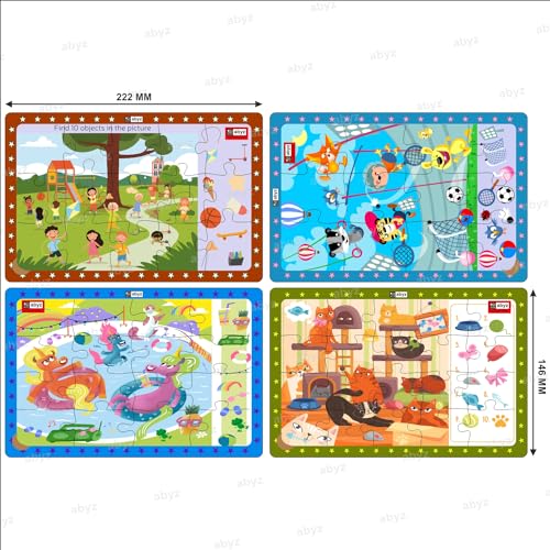 Image of ABYZ Wooden Jigsaw Animals Sports Day, Children's Playtime, Lazy Cats, Unicorns Pooltime, Puzzles 63pcs for Kids with Find The Things of Age 3+, Set of 4