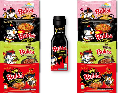 Samyang Buldak Ramen Spicy Chicken Flavored Noodles & Hot Sauces Variety pack - 4.9/7.05 Ounces (9 pack) In Sanisco Packaging