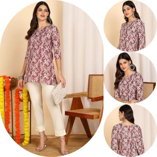 Image of Women's Short Kurti in Multicolor Rayon Cotton Blend | Ladies Ethnic Tunic | Office