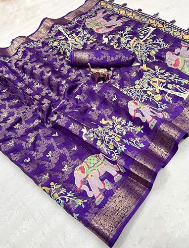 Image of Kalamkari Floral Prints Dola Silk Saree With Rich Zari Border Designer Pallu Attach Blouse Piece