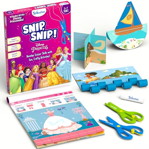 Image of Skillmatics Scissor Skills Activity Book - Snip Snip Disney Princess, 25 Fun Cutting & Creative Activities for Preschoolers, 2 Child-Safe Scissors, Fine Motor Skills Craft Kit, Gifts for Kids Ages 3, 4, 5, 6, 7