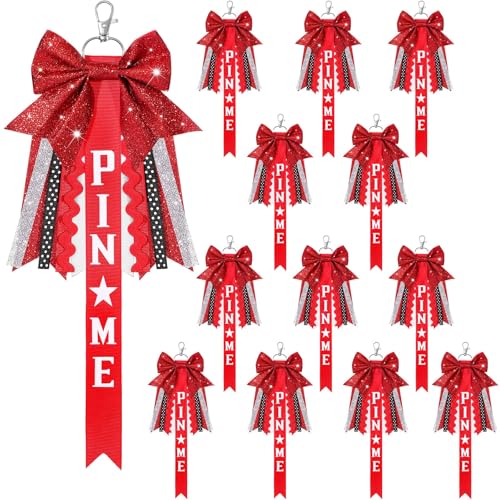 Tondiamo 12 Pcs Cheer Pin Me Ribbon Glitter Cheerleader Bow Keychain Gifts for Backpack Bag Teens Girls Graduation